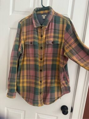 L.L. Bean Plaid Shacket in Goldenrod, Mauve & Pale Teal